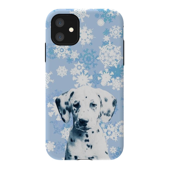 iPhone 11 StrongFit Cute dalmatian and blue white snowflakes by Oana 