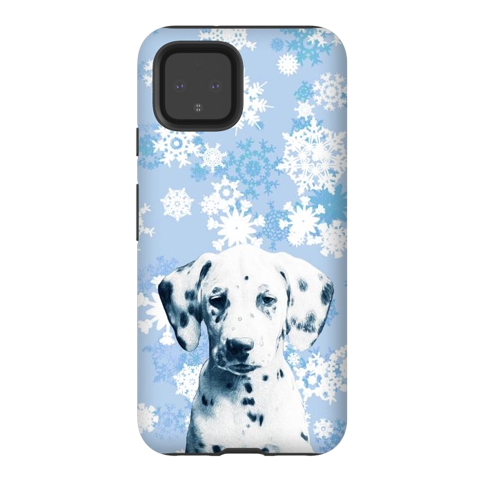Pixel 4 StrongFit Cute dalmatian and blue white snowflakes by Oana 