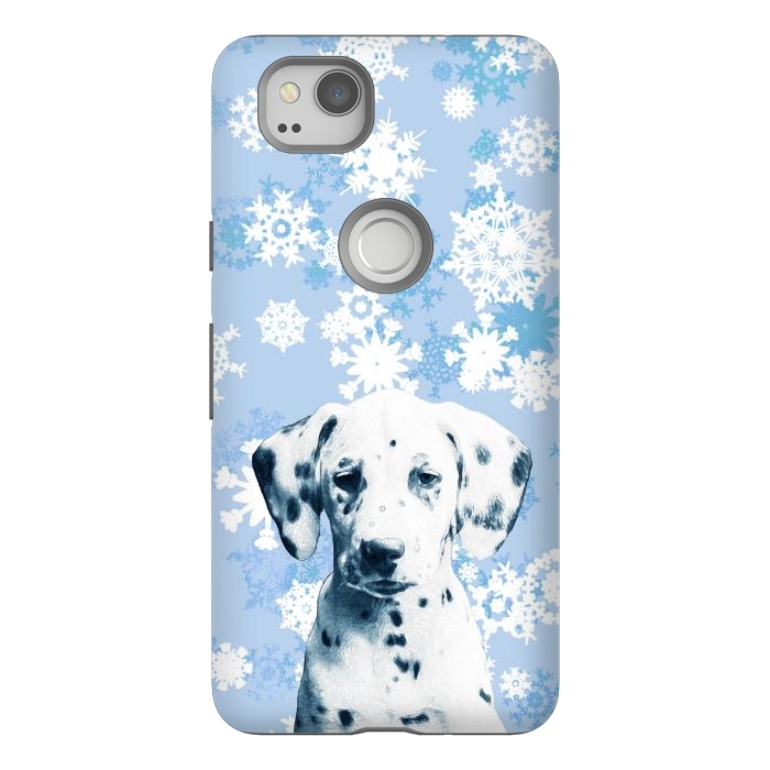 Pixel 2 StrongFit Cute dalmatian and blue white snowflakes by Oana 