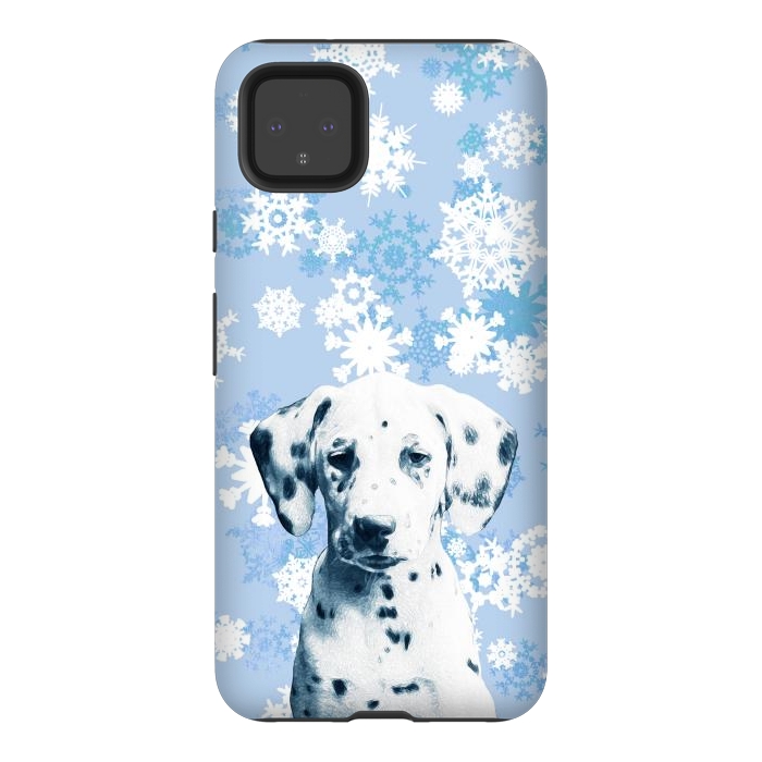 Pixel 4XL StrongFit Cute dalmatian and blue white snowflakes by Oana 