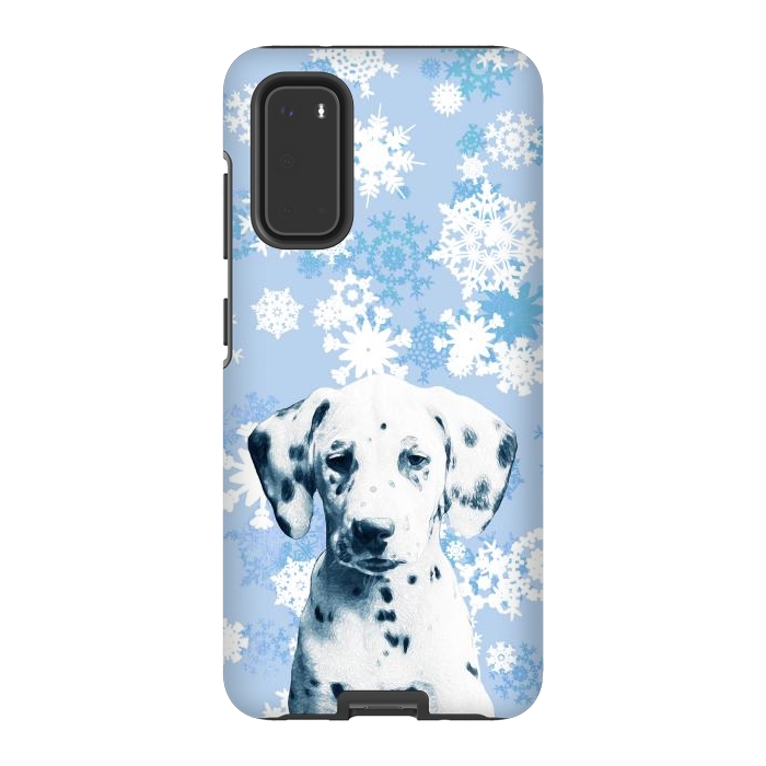 Galaxy S20 StrongFit Cute dalmatian and blue white snowflakes by Oana 