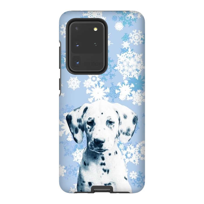 Galaxy S20 Ultra StrongFit Cute dalmatian and blue white snowflakes by Oana 