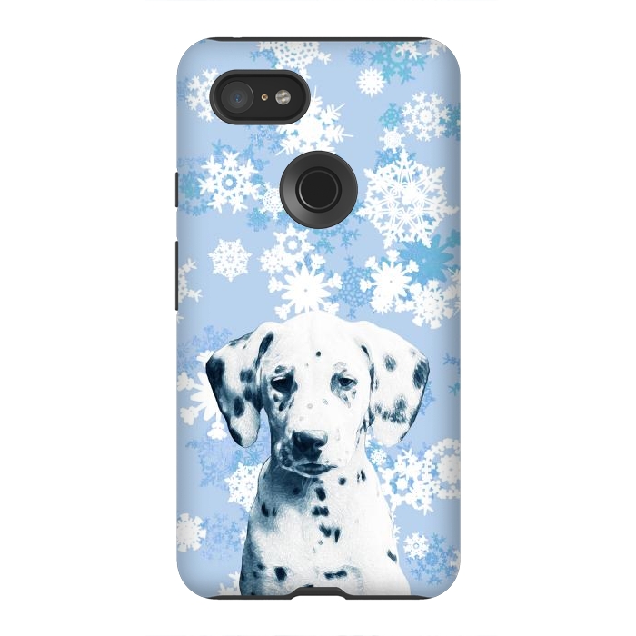Pixel 3XL StrongFit Cute dalmatian and blue white snowflakes by Oana 