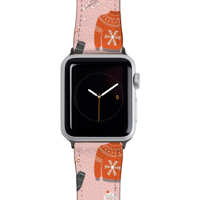 Watch 42mm / 44mm Strap PU leather Christmas seamless pattern with ugly sweater. Woolen winter clothes and traditional festive elements and decoration by Jelena Obradovic