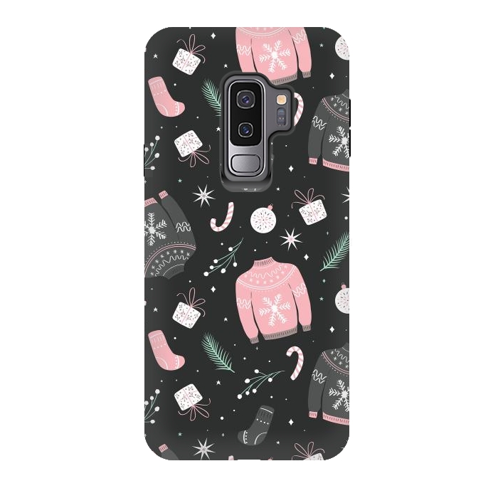 Galaxy S9 plus StrongFit Christmas seamless pattern with ugly sweater. Woolen winter clothes and traditional festive elements and decoration, gray by Jelena Obradovic