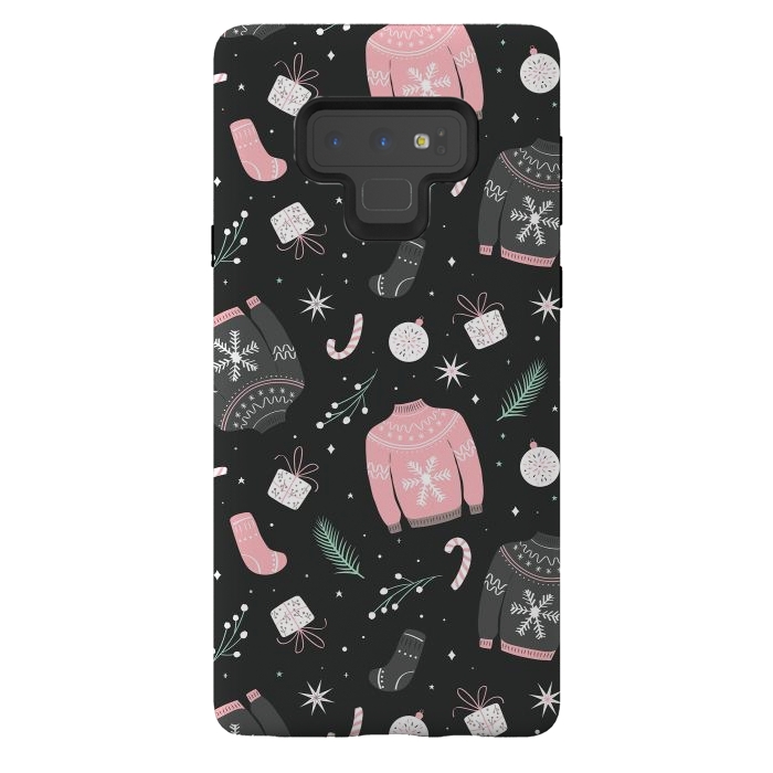 Galaxy Note 9 StrongFit Christmas seamless pattern with ugly sweater. Woolen winter clothes and traditional festive elements and decoration, gray by Jelena Obradovic
