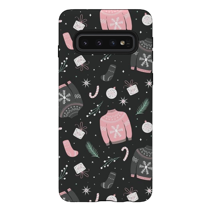 Galaxy S10 StrongFit Christmas seamless pattern with ugly sweater. Woolen winter clothes and traditional festive elements and decoration, gray by Jelena Obradovic