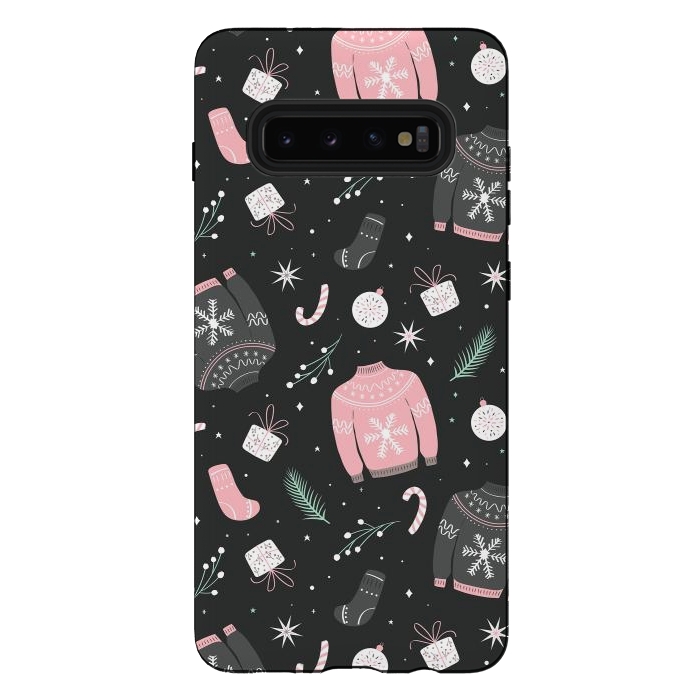 Galaxy S10 plus StrongFit Christmas seamless pattern with ugly sweater. Woolen winter clothes and traditional festive elements and decoration, gray by Jelena Obradovic