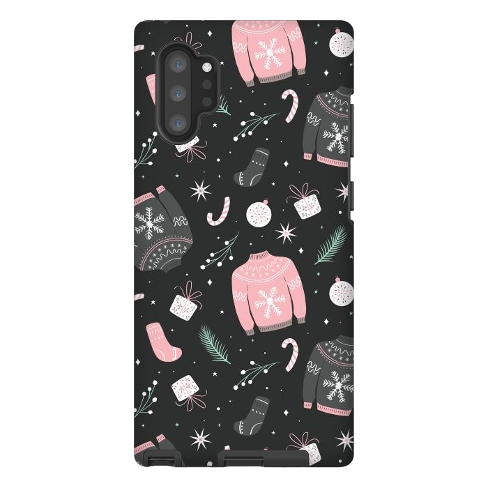 Galaxy Note 10 plus StrongFit Christmas seamless pattern with ugly sweater. Woolen winter clothes and traditional festive elements and decoration, gray by Jelena Obradovic