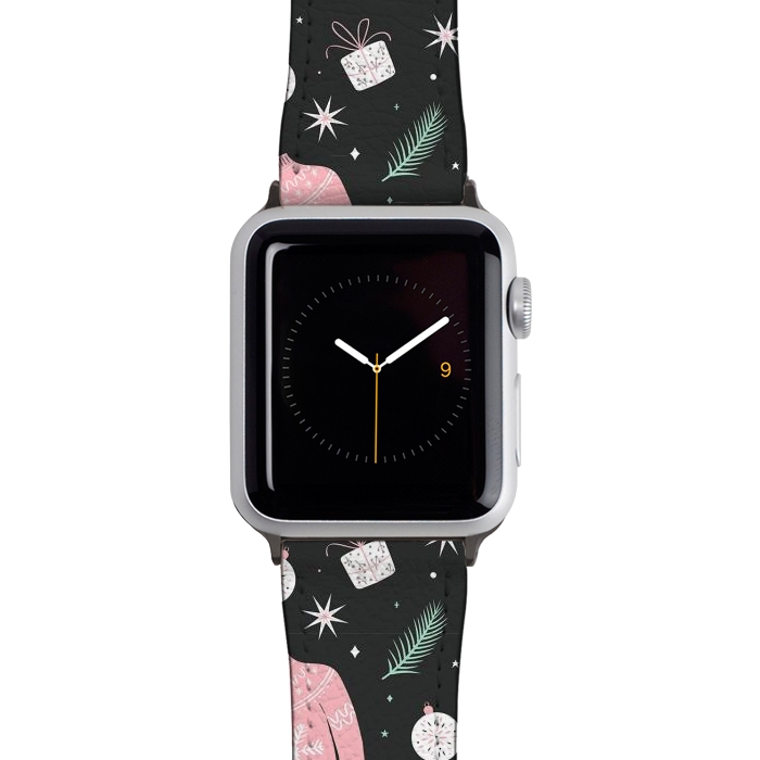 Watch 38mm / 40mm Strap PU leather Christmas seamless pattern with ugly sweater. Woolen winter clothes and traditional festive elements and decoration, gray by Jelena Obradovic