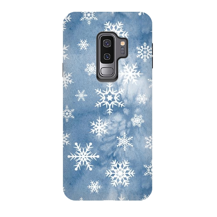 Galaxy S9 plus StrongFit Blue white watercolor Christmas snowflakes by Oana 