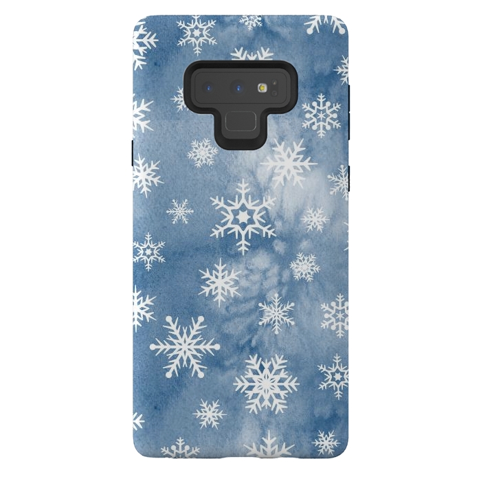 Galaxy Note 9 StrongFit Blue white watercolor Christmas snowflakes by Oana 