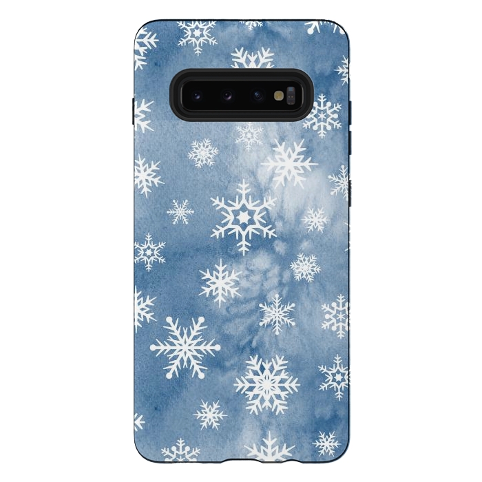 Galaxy S10 plus StrongFit Blue white watercolor Christmas snowflakes by Oana 