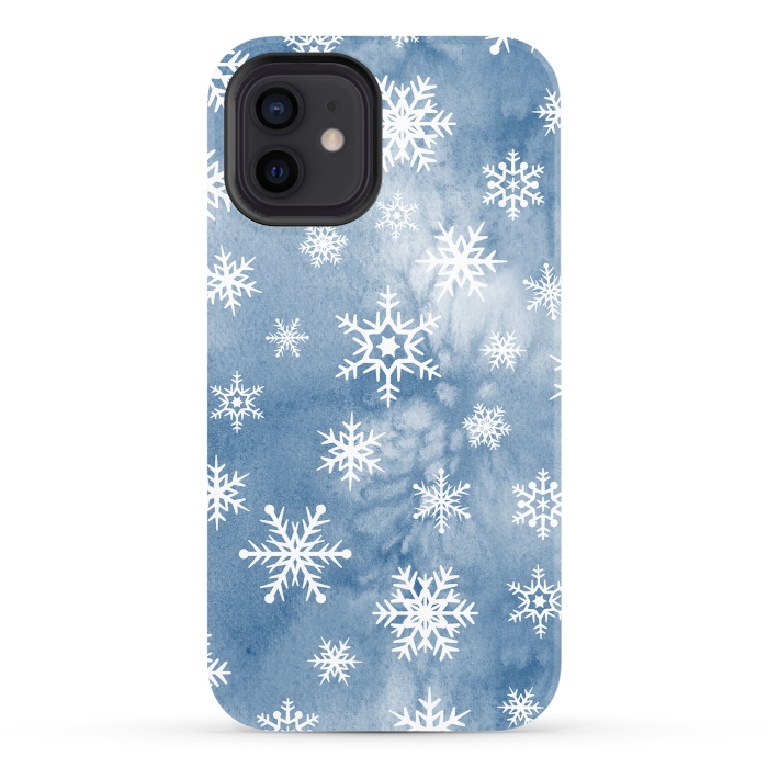 iPhone 12 StrongFit Blue white watercolor Christmas snowflakes by Oana 