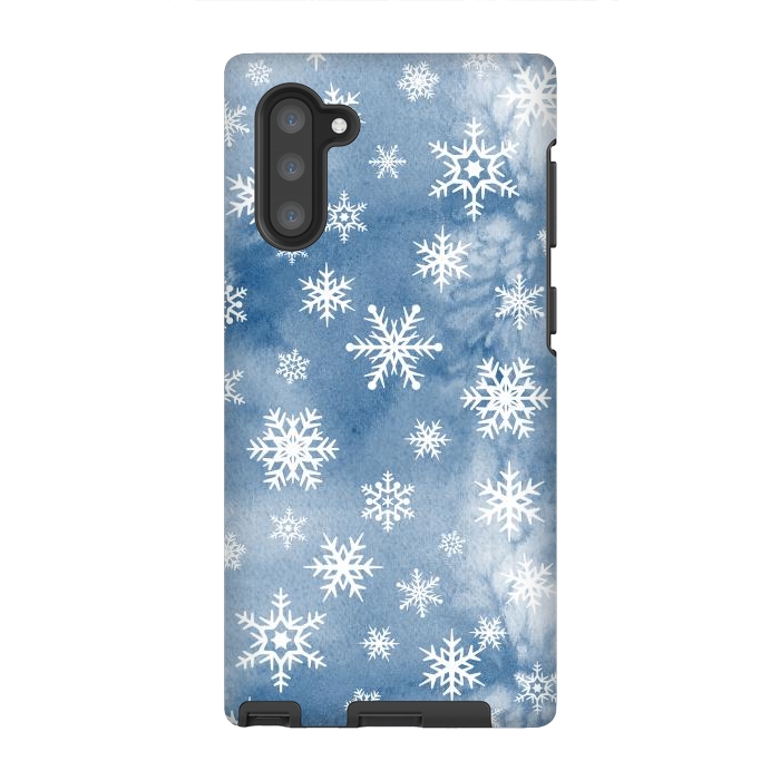 Galaxy Note 10 StrongFit Blue white watercolor Christmas snowflakes by Oana 