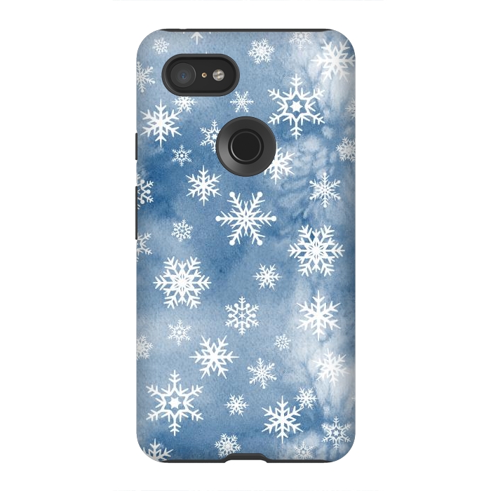 Pixel 3XL StrongFit Blue white watercolor Christmas snowflakes by Oana 