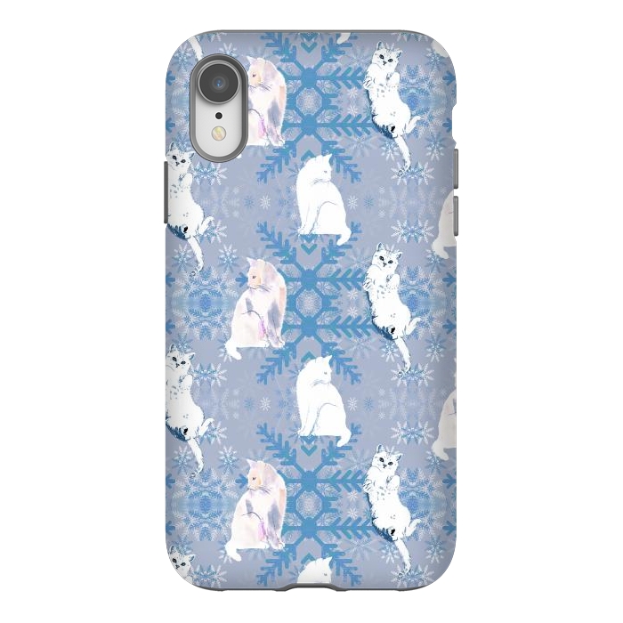 iPhone Xr StrongFit Cute white cats and blue Christmas snowflakes by Oana 