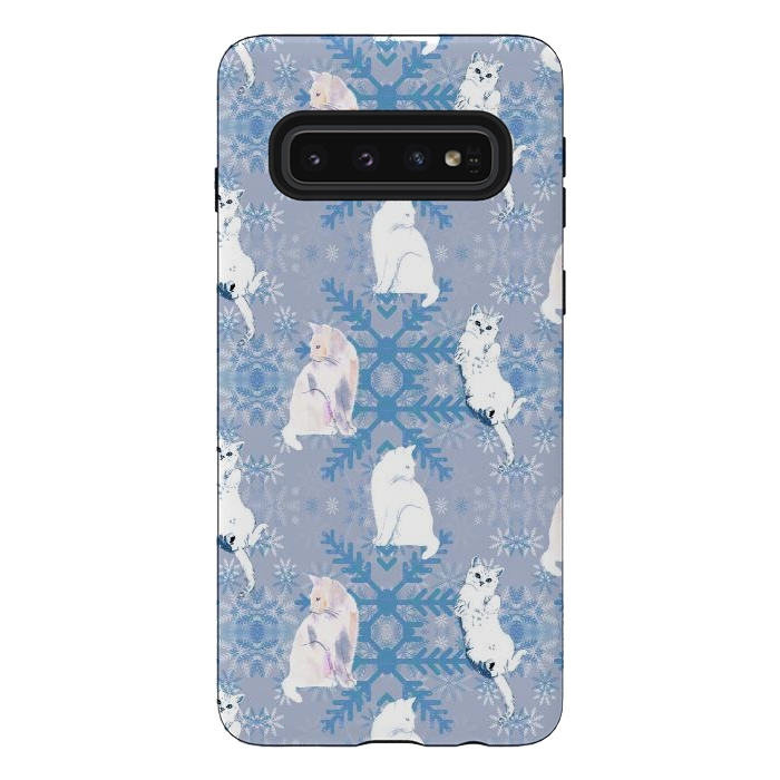 Galaxy S10 StrongFit Cute white cats and blue Christmas snowflakes by Oana 