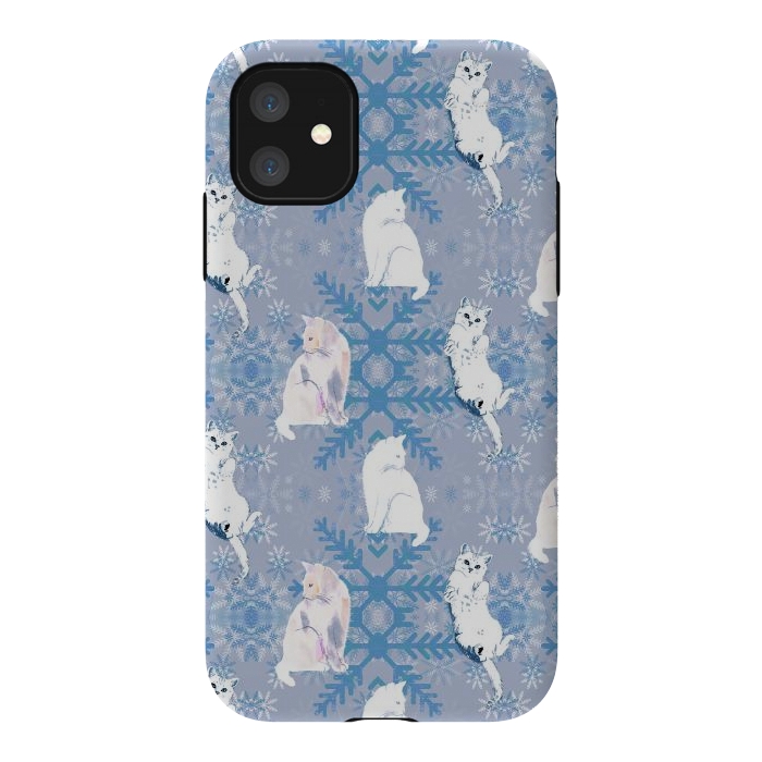 iPhone 11 StrongFit Cute white cats and blue Christmas snowflakes by Oana 