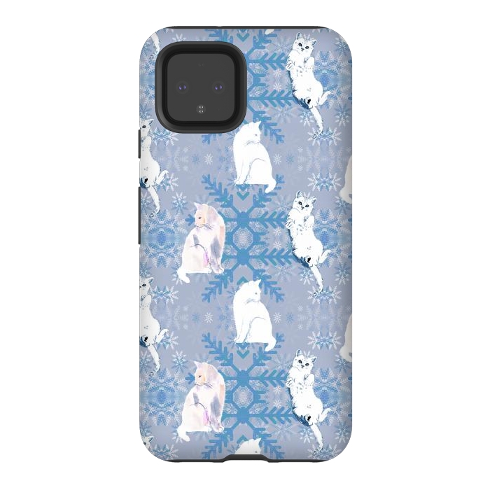 Pixel 4 StrongFit Cute white cats and blue Christmas snowflakes by Oana 