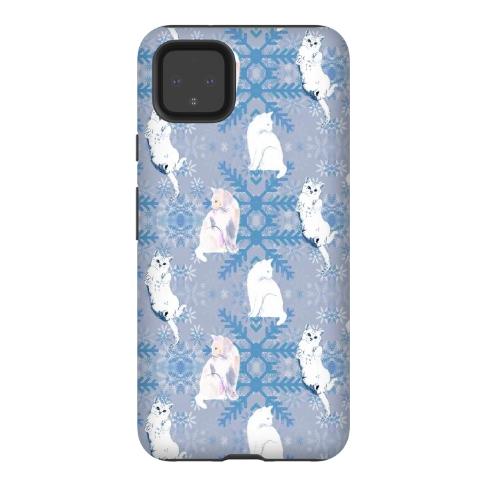 Pixel 4XL StrongFit Cute white cats and blue Christmas snowflakes by Oana 