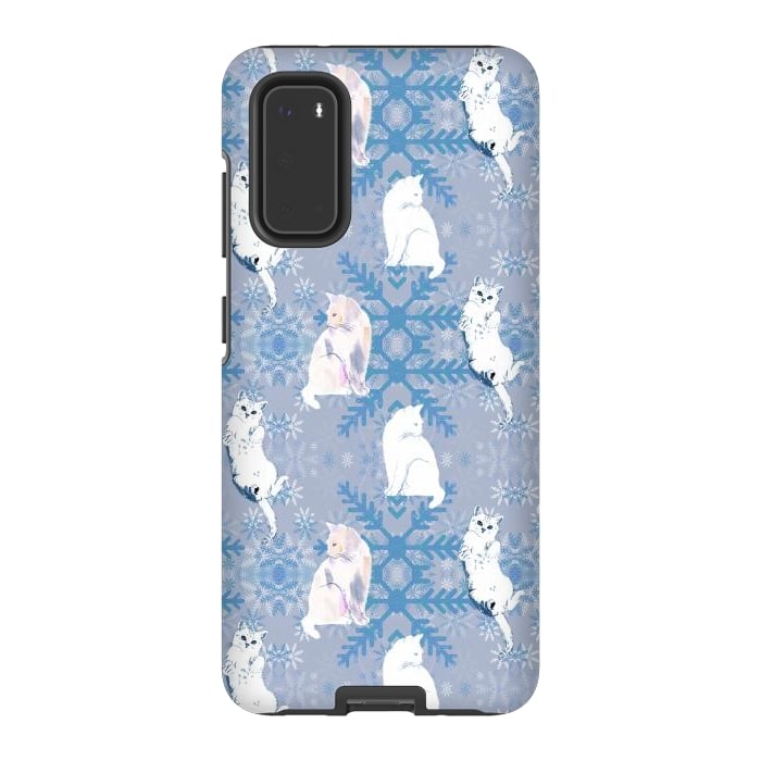Galaxy S20 StrongFit Cute white cats and blue Christmas snowflakes by Oana 