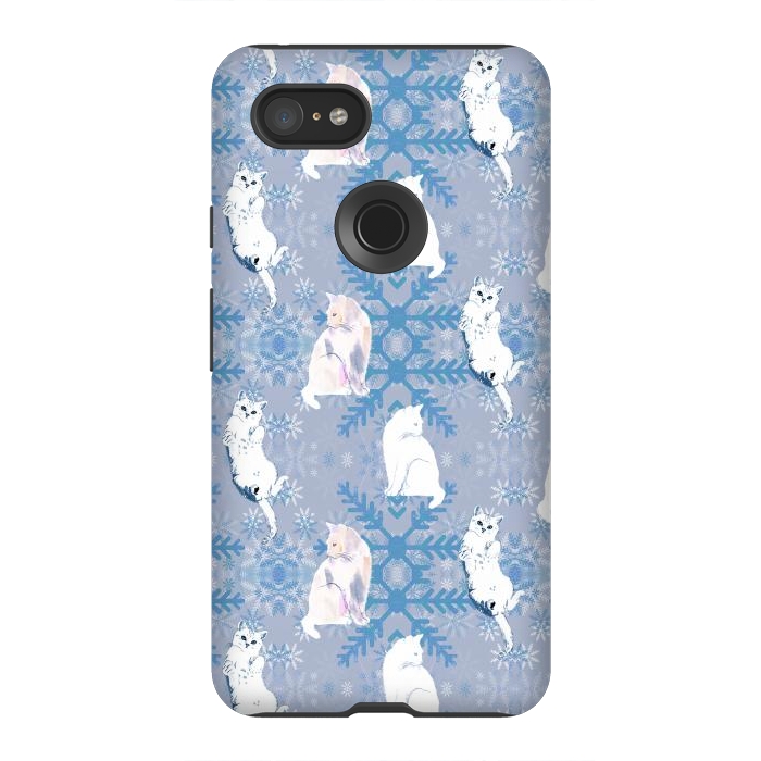 Pixel 3XL StrongFit Cute white cats and blue Christmas snowflakes by Oana 