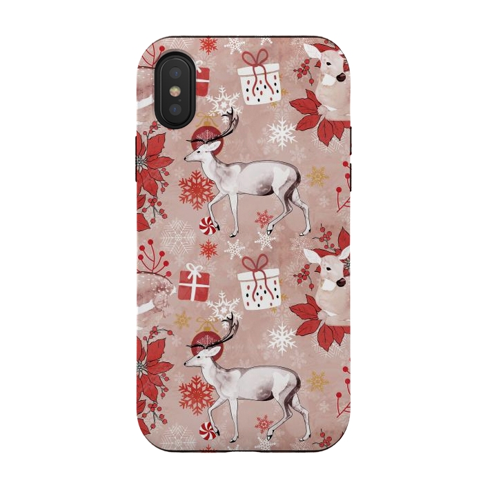 iPhone Xs / X StrongFit Deers and Christmas ornaments red pink by Oana 