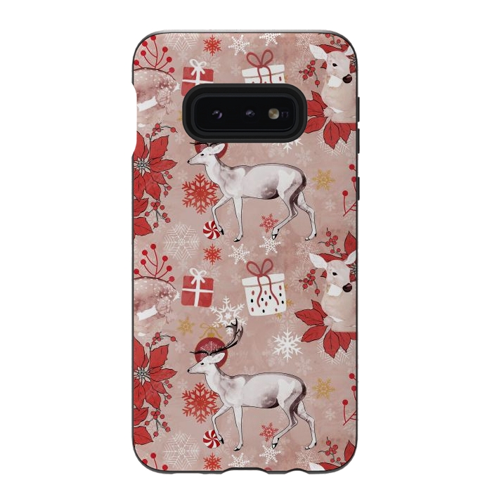 Galaxy S10e StrongFit Deers and Christmas ornaments red pink by Oana 