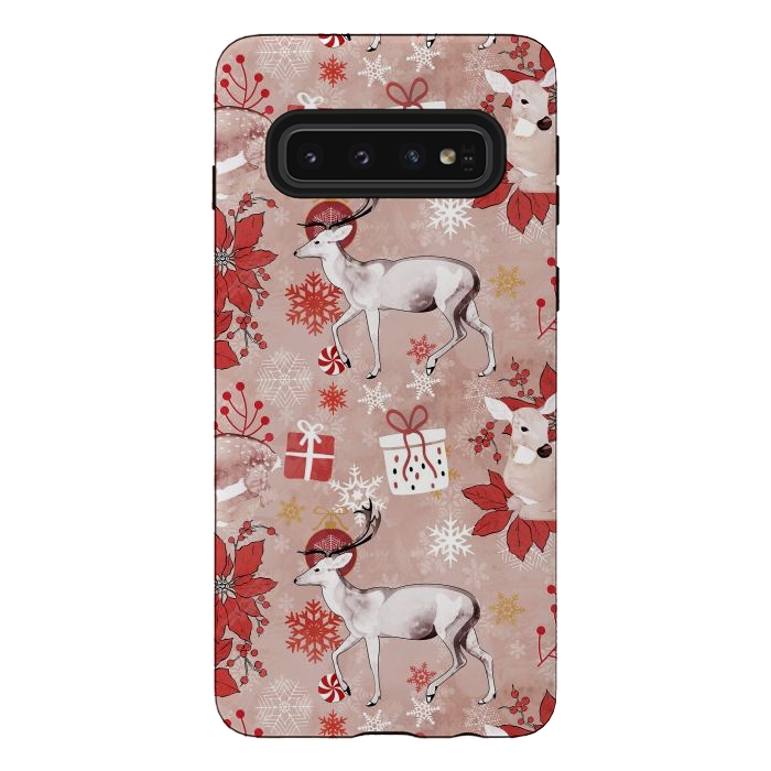 Galaxy S10 StrongFit Deers and Christmas ornaments red pink by Oana 
