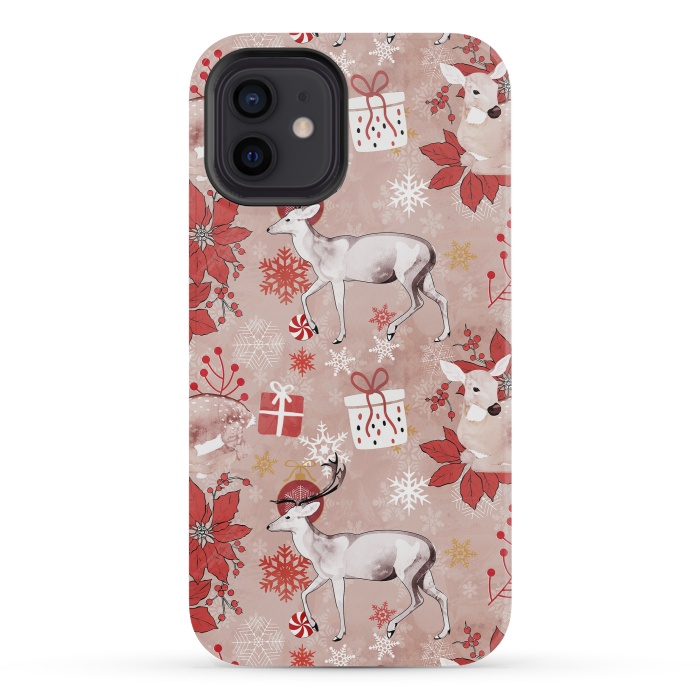 iPhone 12 mini StrongFit Deers and Christmas ornaments red pink by Oana 