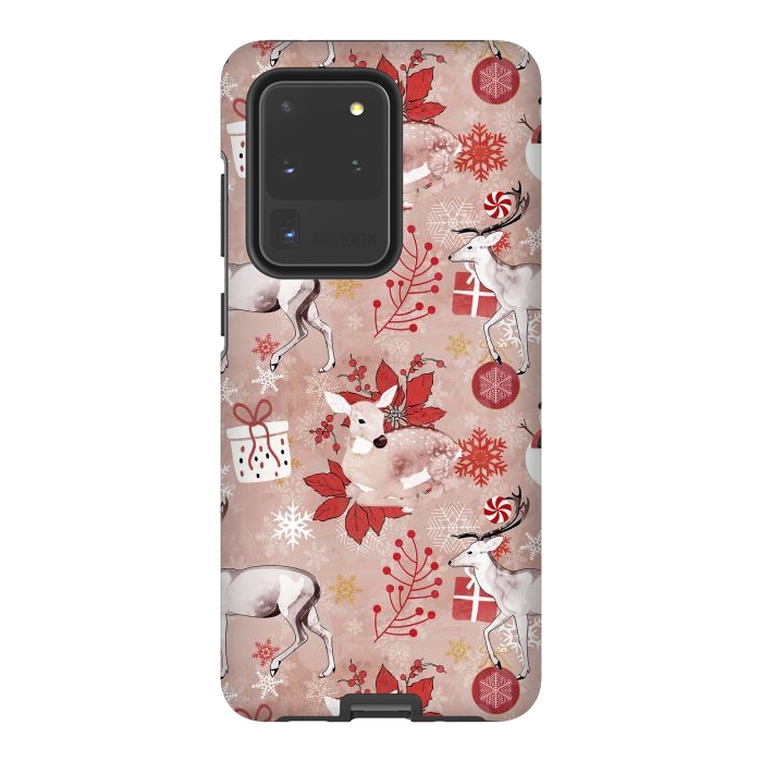 Galaxy S20 Ultra StrongFit Deers and Christmas ornaments red pink by Oana 