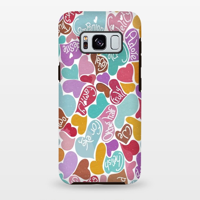 Galaxy S8 plus StrongFit Multicolored Love hearts with loving words by Paula Ohreen