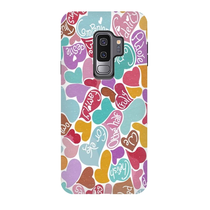 Galaxy S9 plus StrongFit Multicolored Love hearts with loving words by Paula Ohreen
