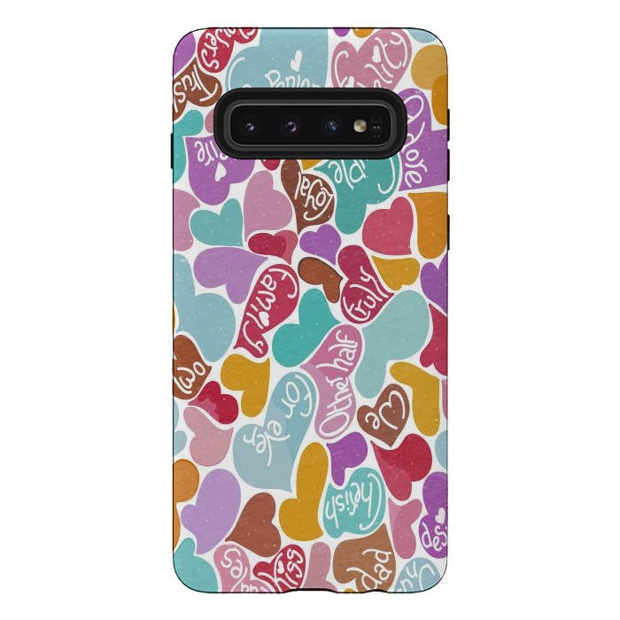 Galaxy S10 StrongFit Multicolored Love hearts with loving words by Paula Ohreen