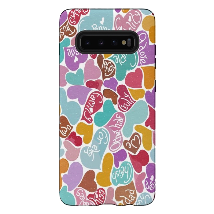 Galaxy S10 plus StrongFit Multicolored Love hearts with loving words by Paula Ohreen