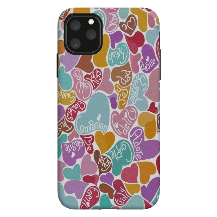 iPhone 11 Pro Max StrongFit Multicolored Love hearts with loving words by Paula Ohreen