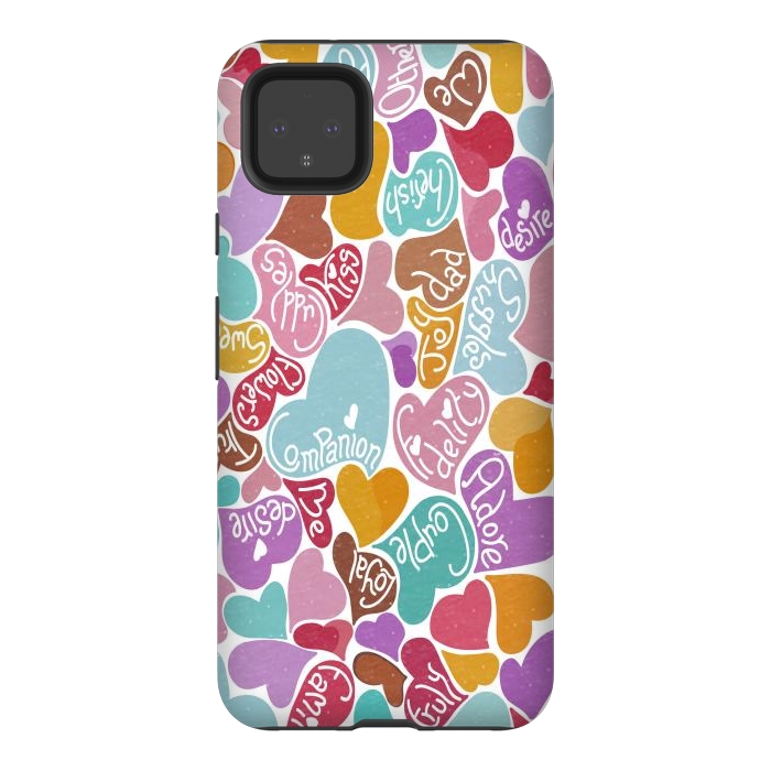 Pixel 4XL StrongFit Multicolored Love hearts with loving words by Paula Ohreen
