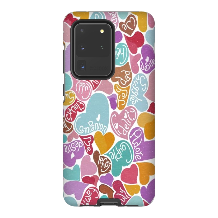 Galaxy S20 Ultra StrongFit Multicolored Love hearts with loving words by Paula Ohreen