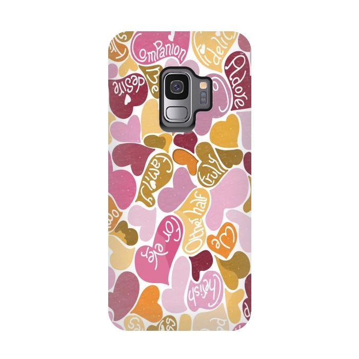 Galaxy S9 StrongFit Love hearts with loving words in pink and orange by Paula Ohreen