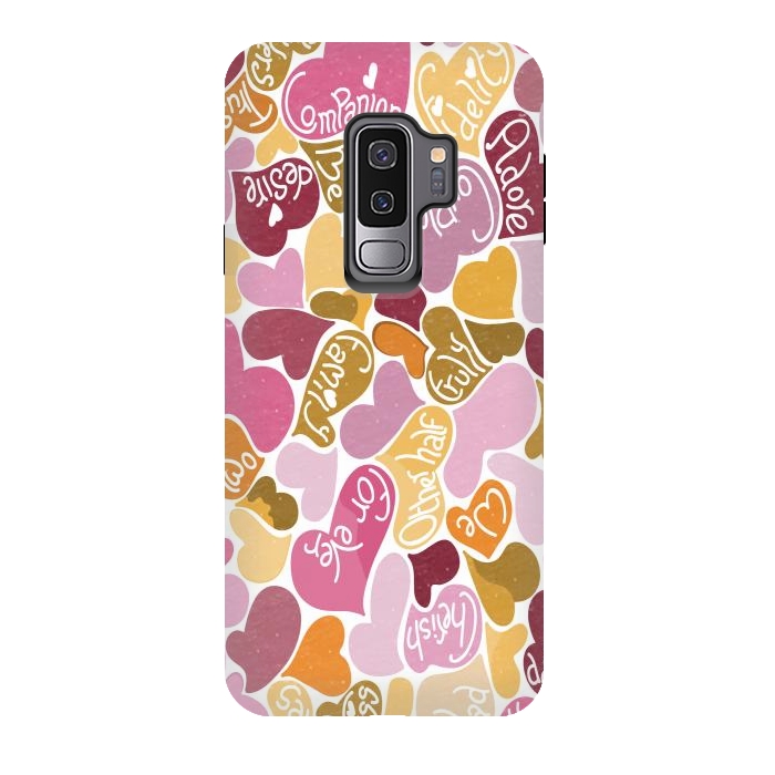 Galaxy S9 plus StrongFit Love hearts with loving words in pink and orange by Paula Ohreen