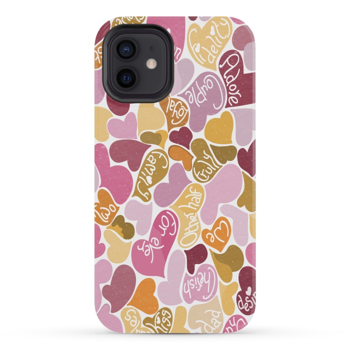 iPhone 12 mini StrongFit Love hearts with loving words in pink and orange by Paula Ohreen