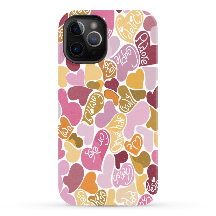 iPhone 12 Pro StrongFit Love hearts with loving words in pink and orange by Paula Ohreen