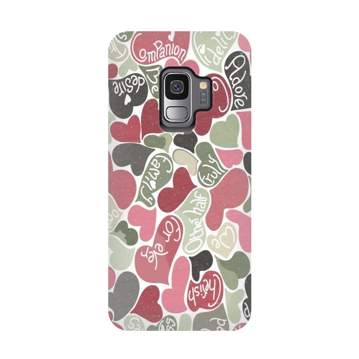 Galaxy S9 StrongFit Love hearts with loving words in pink and green by Paula Ohreen
