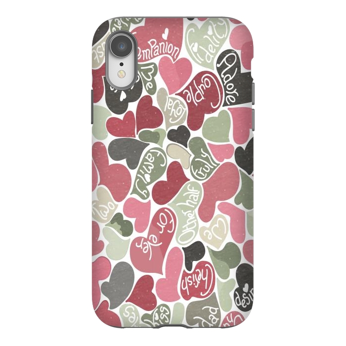 iPhone Xr StrongFit Love hearts with loving words in pink and green by Paula Ohreen