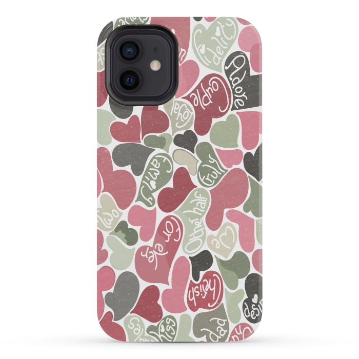 iPhone 12 mini StrongFit Love hearts with loving words in pink and green by Paula Ohreen