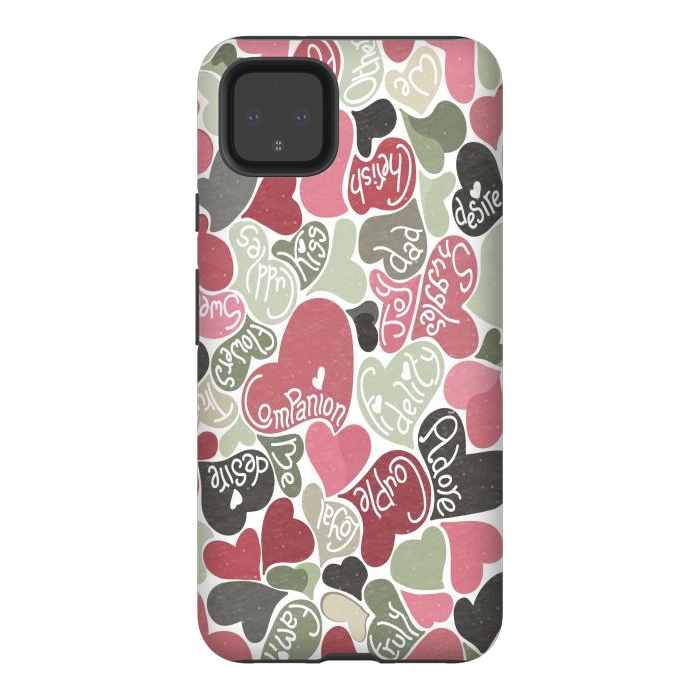 Pixel 4XL StrongFit Love hearts with loving words in pink and green by Paula Ohreen