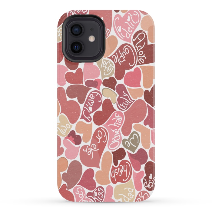 iPhone 12 mini StrongFit Love hearts with loving words in red and beige by Paula Ohreen