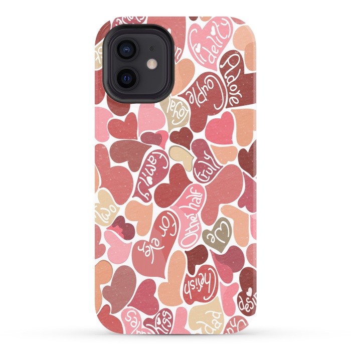 iPhone 12 StrongFit Love hearts with loving words in red and beige by Paula Ohreen