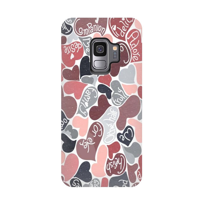 Galaxy S9 StrongFit Love hearts with loving words in pink and grey by Paula Ohreen